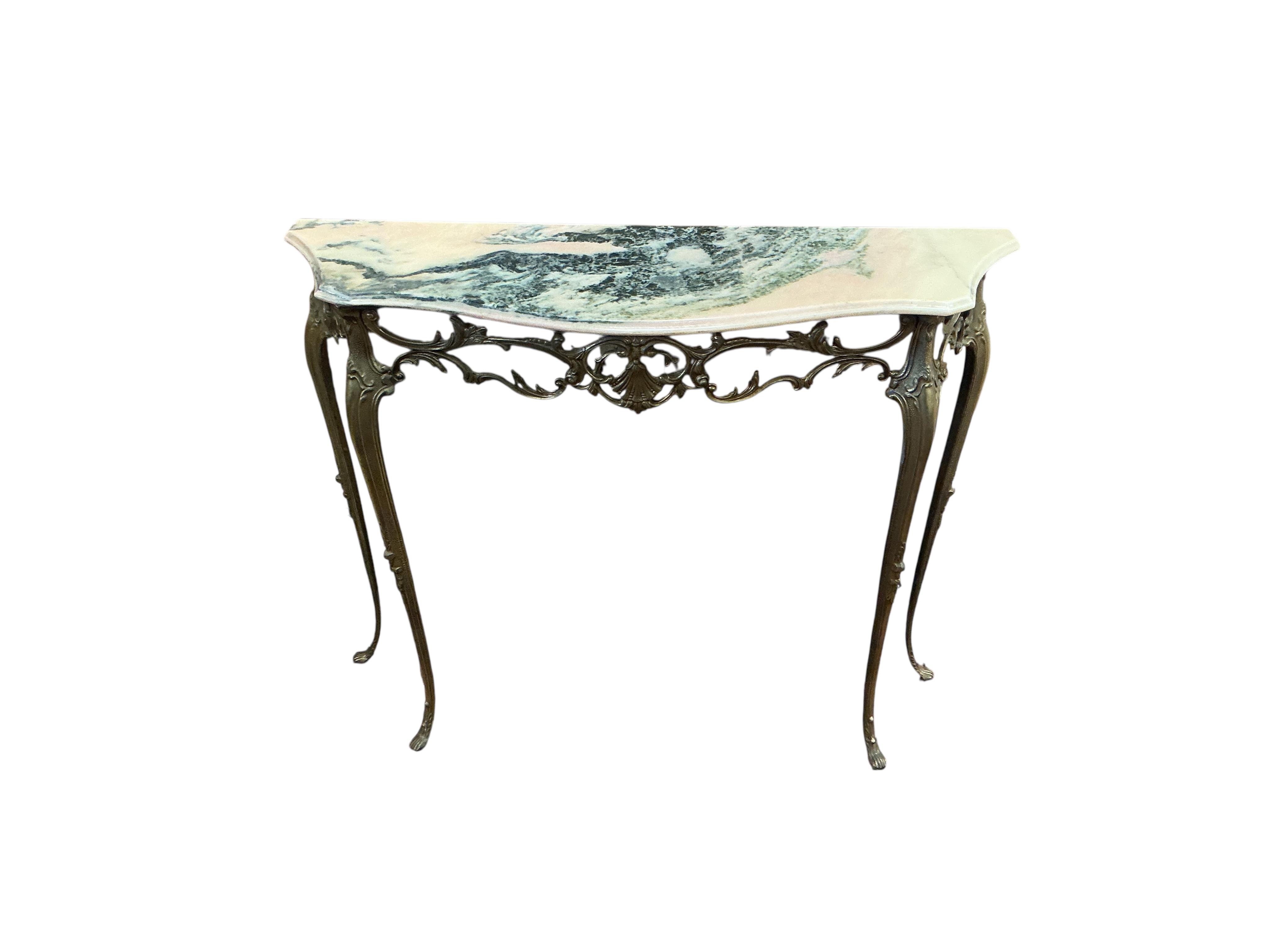 A mid century brass and reconstituted marble serpentine console table, width 90cm, depth 28cm, height 76cm